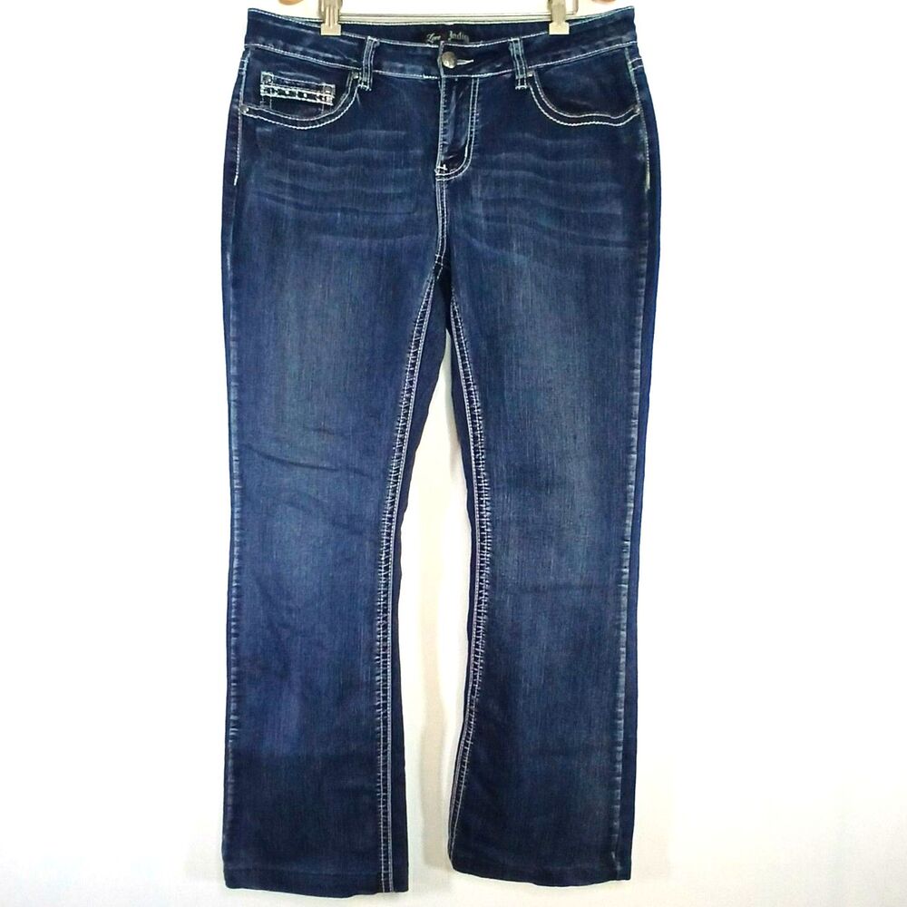 Love Indigo Bootcut Jeans Embroidered Cross Flap Pockets Glam 34x29 McBling Y2K
